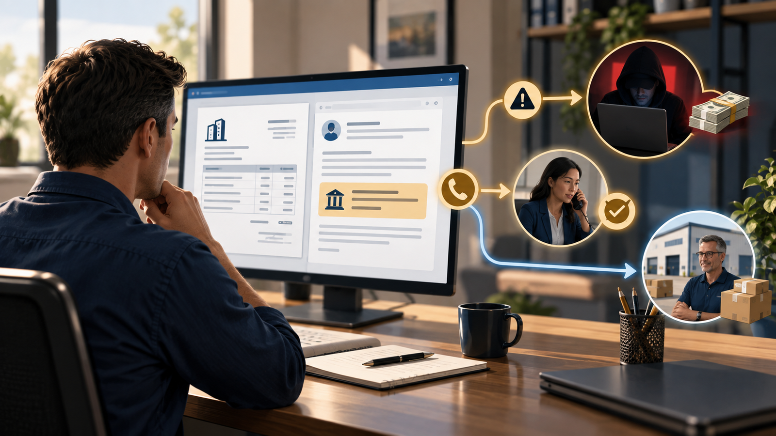 Employee reviewing a vendor invoice and payment-change email with paths showing direct payment to a scammer versus phone verification with the legitimate vendor.