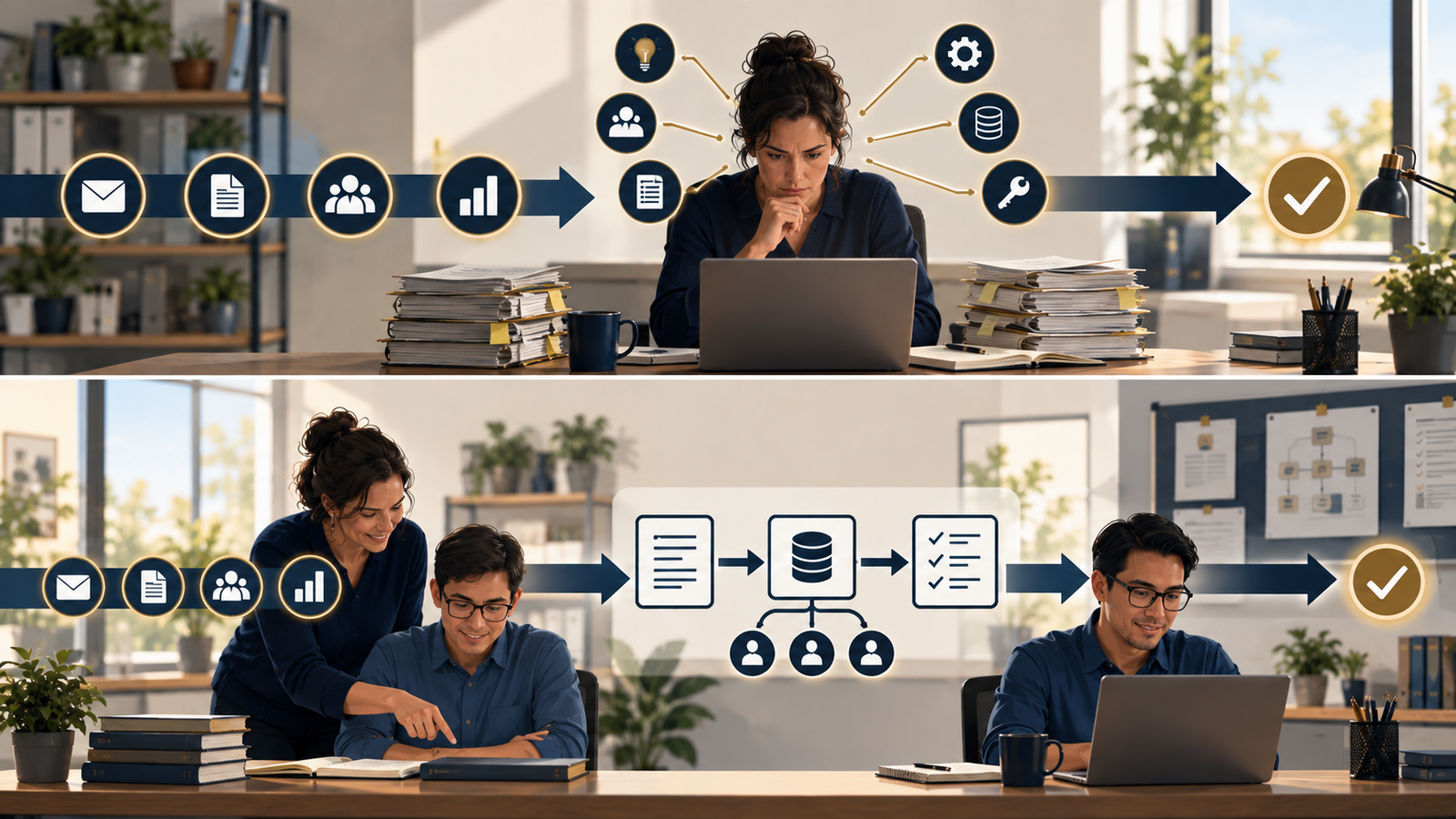 Illustration comparing a workflow dependent on one expert employee with a resilient process supported by documentation, shared systems, and a trained backup.