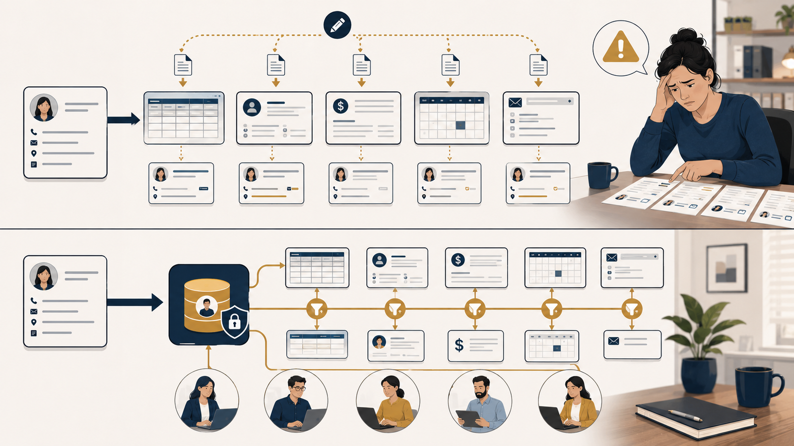 Illustration comparing manual customer data entry across disconnected business systems with a streamlined workflow using one authoritative record.