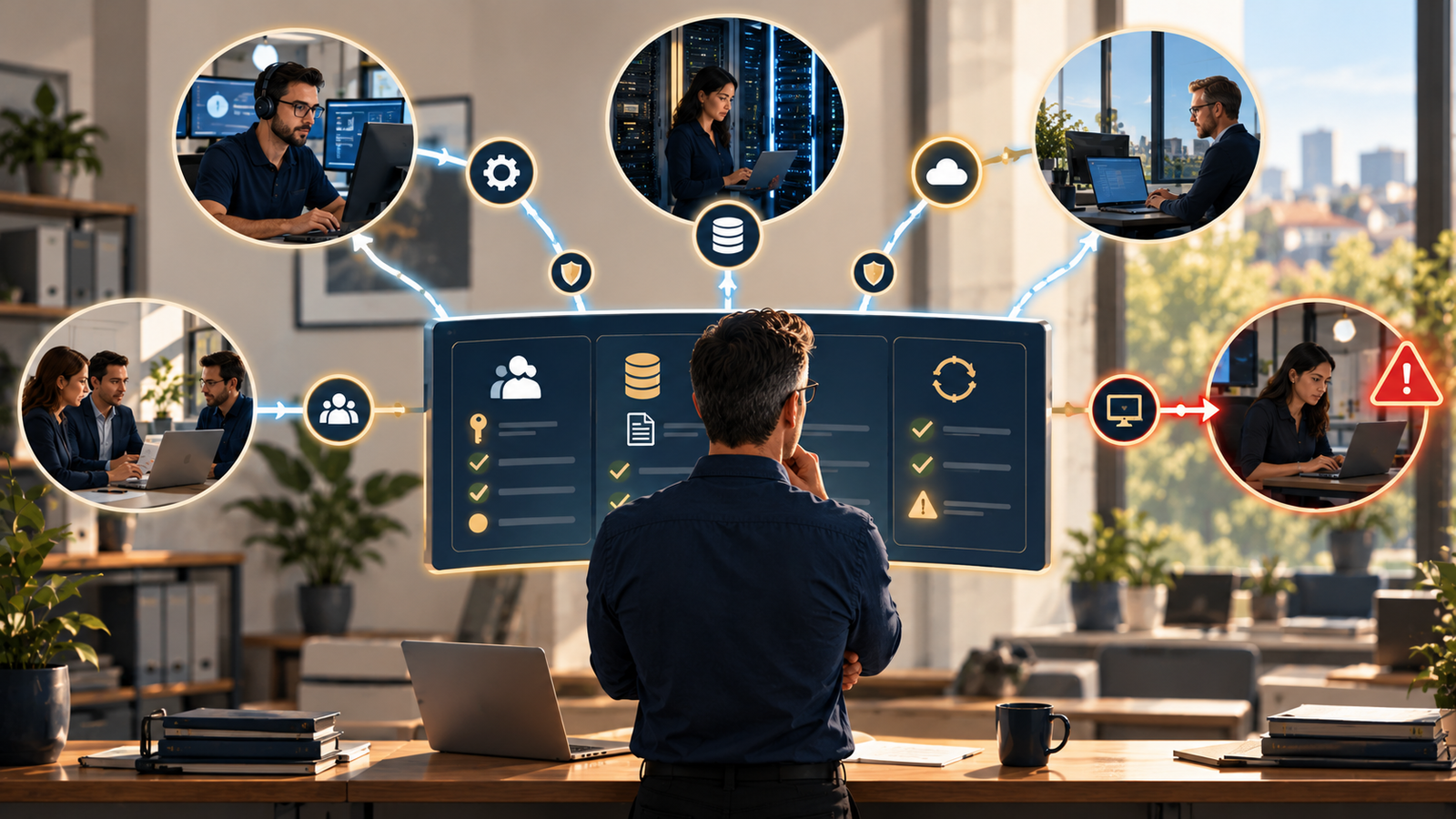 Small-business owner overseeing cybersecurity risks across multiple technology vendors, including remote IT support, data storage, and cloud services, with a warning highlighting a potential third-party security issue.